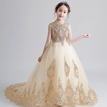 Золотые блестки вечерние для девочек вечернее представление платье с цветочным узором для девочек костюм для конкурса платье принцессы Свадебное бальное платье