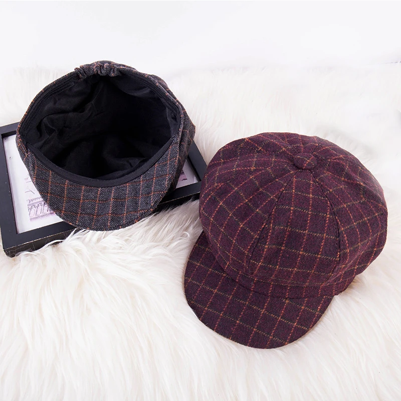Новая мода восьмиугольная Шляпа Тенденция на осень-зиму хитом цвет ретро элегантный плед шить берет Британский газетчик художник шляпу