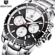 BENYAR NEW Design Business Mens Watches Top Brand Luxury Sport Chronograph Quartz Watch Men Full Steel Clock Waterproof Relogio benyar chronograph sport mens watches top brand luxury quartz watch clock all pointers work waterproof business watch by 5102m