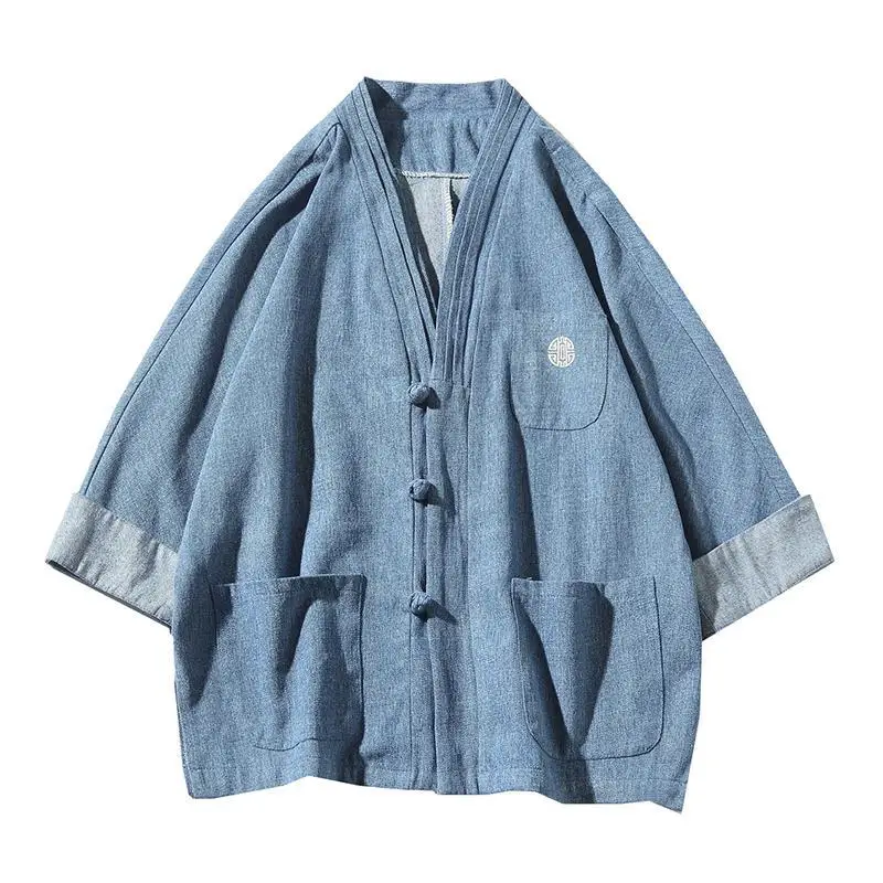 collarless denim shirt mens