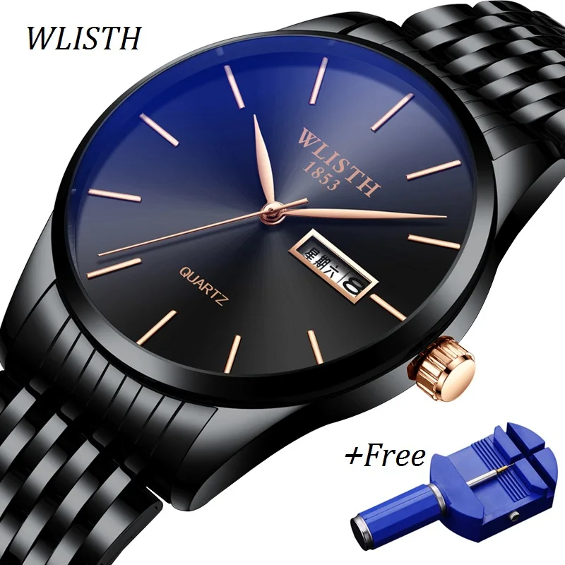 

WLISTH Auto Day Date Watch Men Ultra thin Male Clock Stainless Steel Water Resistant Quartz Watch Business Man Wrist Watches