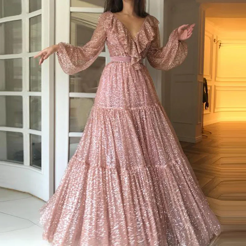 

Elegant Women Sequins Shiny Dress V-Neck Bell Sleeve Cocktail Party Long Dress