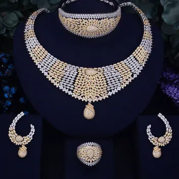 

SisCathy 4PCS CZ Statement Necklace Earrings Bangle Rings For Women Jewelry Sets Dubai Women Bride Wedding Accessories