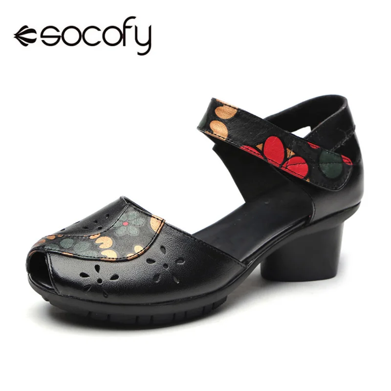 

Socofy Genuine Leather Pumps Women Shoes Summer Vintage Peep Toe Mary Jane Shoes Woman Pumps Heels Hook&Loop Spring Autumn New