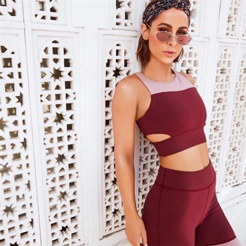 Wine Red Solid Women Yoga Set Gym Fitness Jogger Running Push Up Sleeveless Sports Bra+Leggings Tracksuit Slim Sportwear | Спорт и