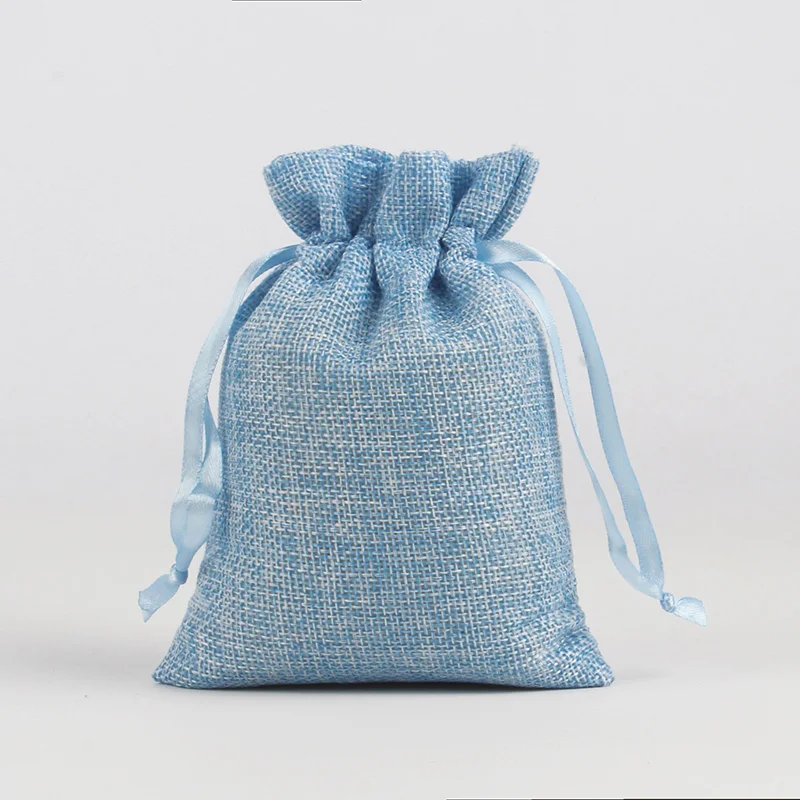 100 шт./лот 10x15 см льняной мешочек сумка со шнурками изготовленным на заказ логосом джутовый мешок с принтом - Цвет: blue
