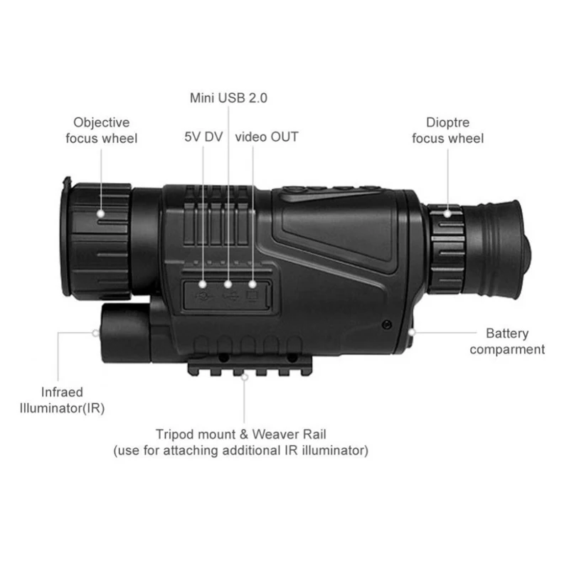 Тактический Монокуляр Инфракрасный цифровой Ночное видение очки 5x40 Ночное видение область занимает Фото Видео Охота 200 м телескоп