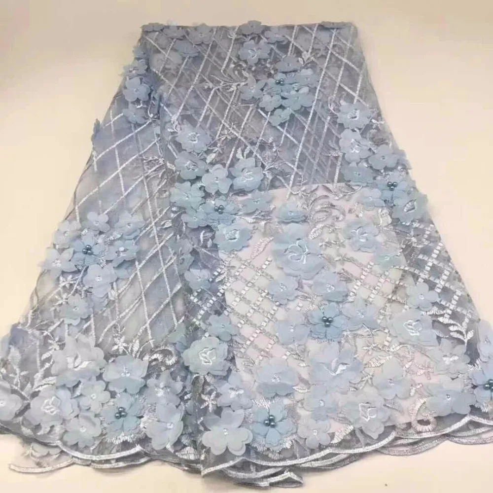 

Beautiful Silver Grey 3 D Lace Applique Flower Nigerian Lace Fabric With Beads Sell Well Hign Quality Lace Trim Dress(FJ-10-18
