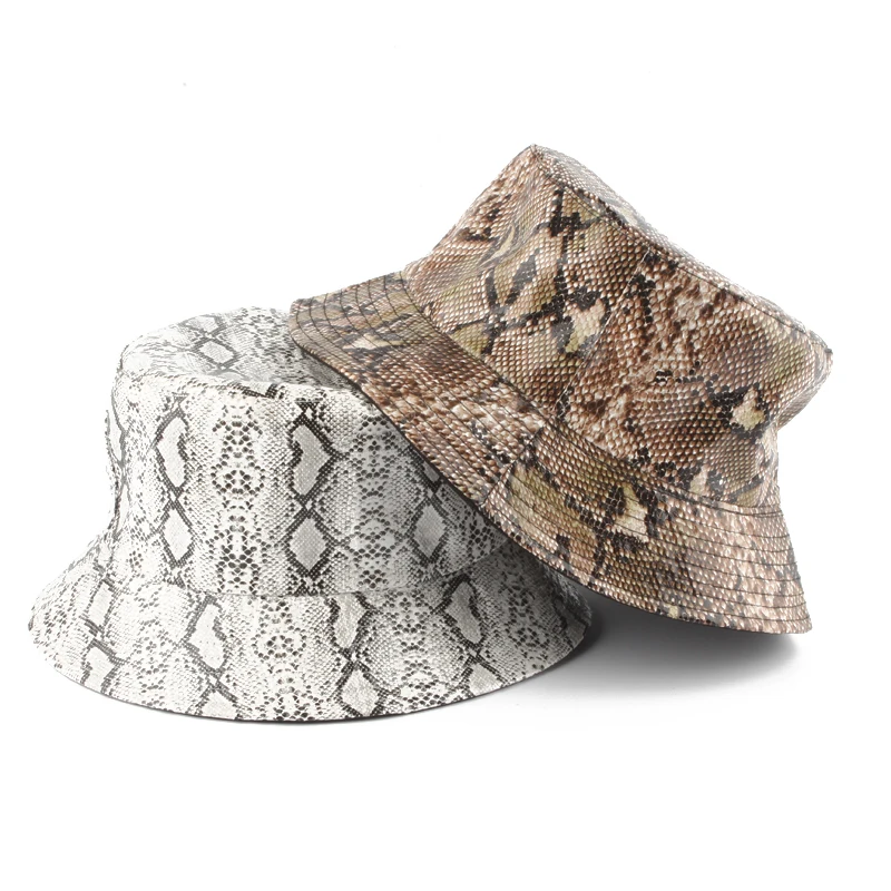 

Snake Leather Reversible Bucket Hats Men Women StreetWear Panama Bucket Caps Harajuku Hip Hop Cap Fisherman Hat