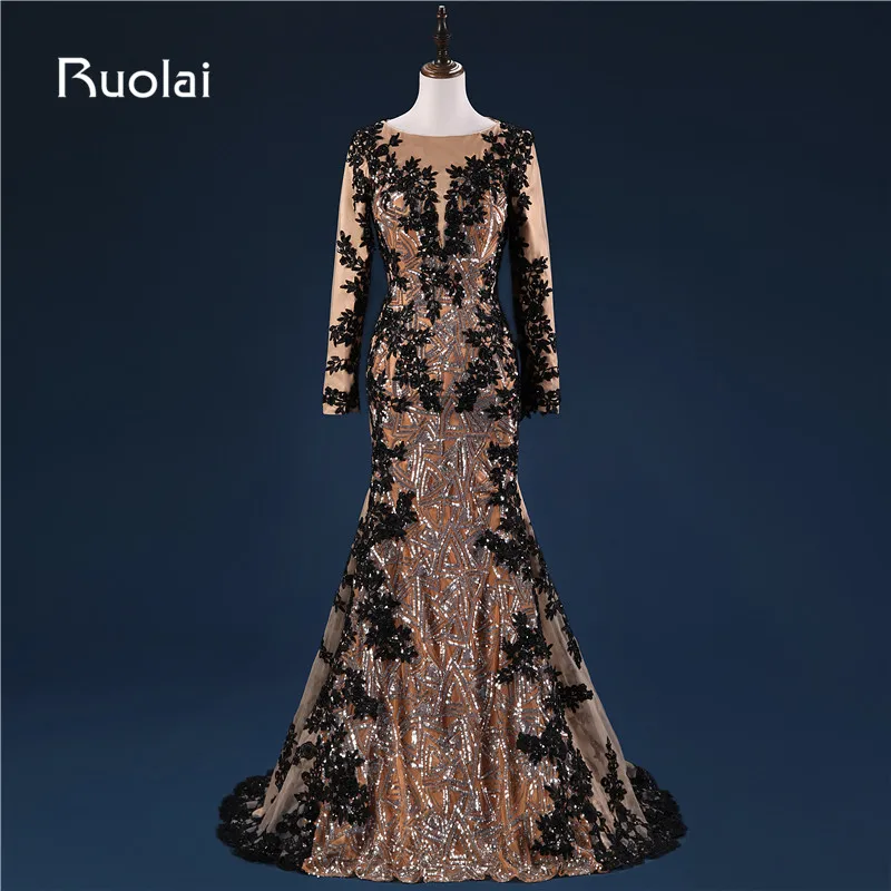 Real Photo Dubai Muslim Evening Dresses Black Appliques Sequined Bodice Long Sleeves Mermaid Prom Dresses 2017