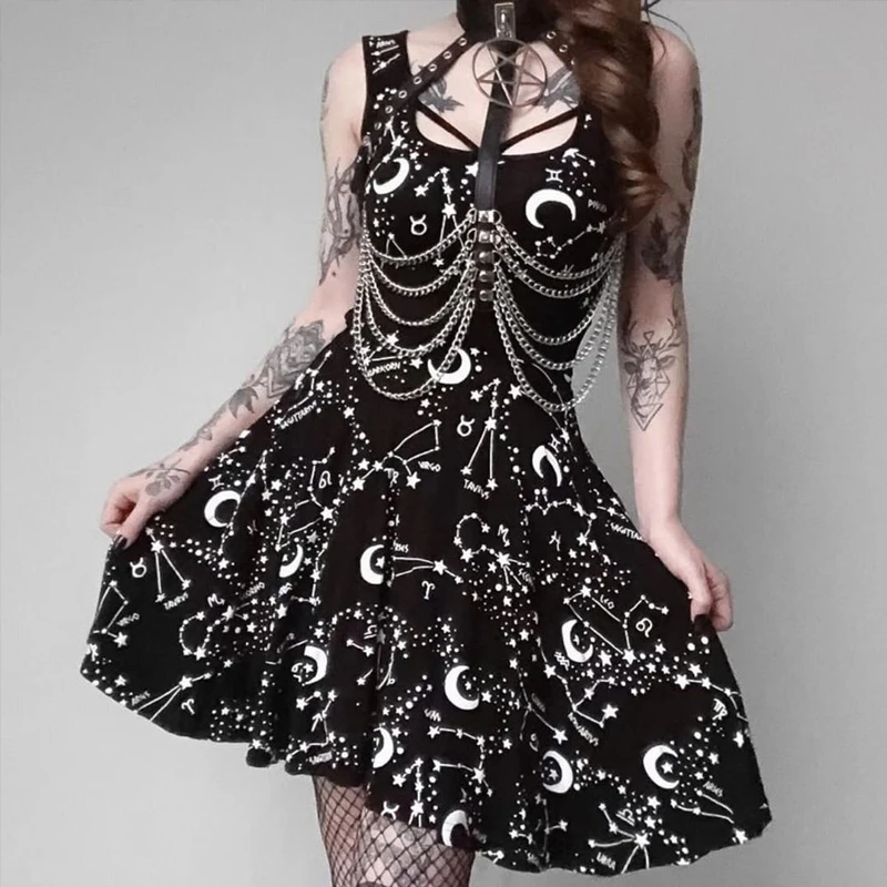 Сексуальное черное готическое платье без рукавов, летнее облегающее повседневное тонкое женское платье, принт со звездами, темное платье, готическое платье в стиле панк