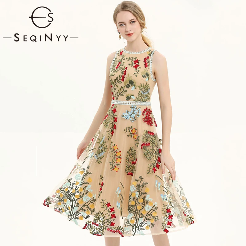 

SEQINYY Vest Mesh Dress 2019 Summer New Fashion Design Lace High Quality Luxury Emrboidery Flowers Slim Beige A-line Dress