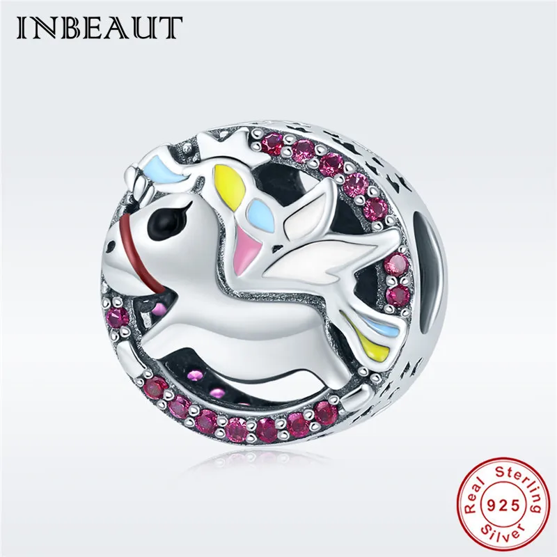 

Real 925 Sterling Silver Colt Horse Charm fit Pandora Bracelet Cubic Zirconia Pink&Yellow Enamel Unicorn Beads Christmas Jewelry