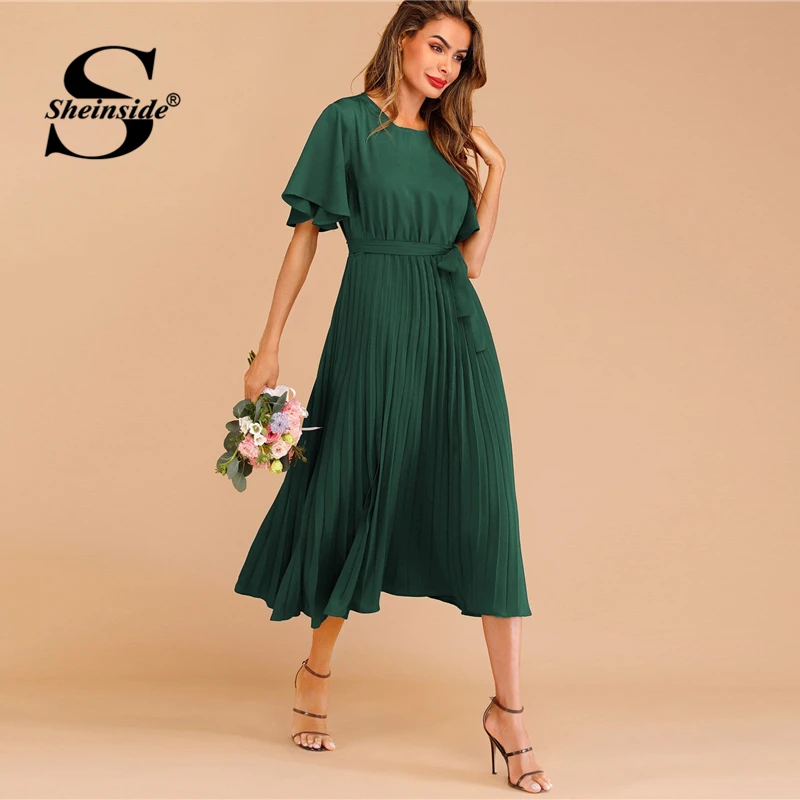 Sheinside Burgundy Button Keyhole Pleated Belted Dress Flounce Sleeve Women 2019 Spring Dresses Elegant Solid Ladies Dress
