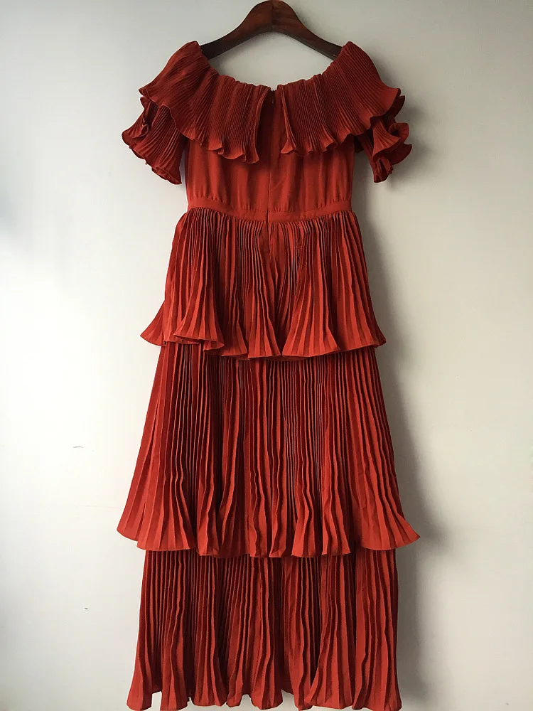 Высокое качество роскошные SP Подиумные весенне-летние красные платья женское Slash вырез каскадом Плиссированное длинное платье с оборками