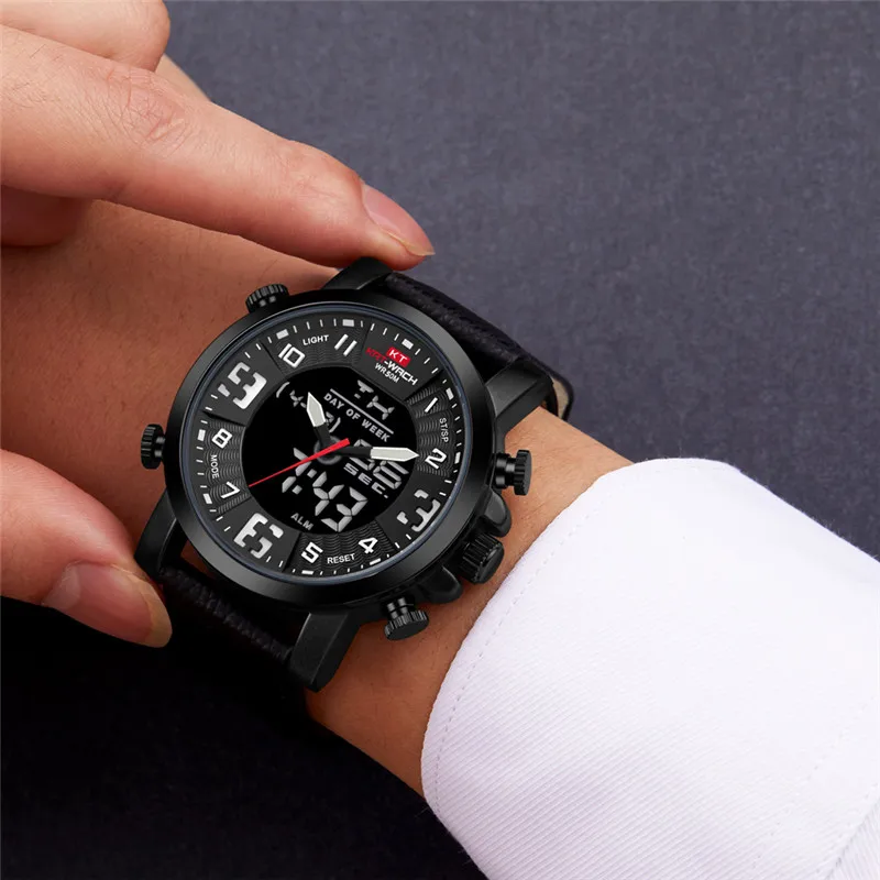 KAT-WACH Mens Dual Watches Brand Men Leather Sports Watches Men's Quartz LED Digital Clock Waterproof Military Wrist Watch