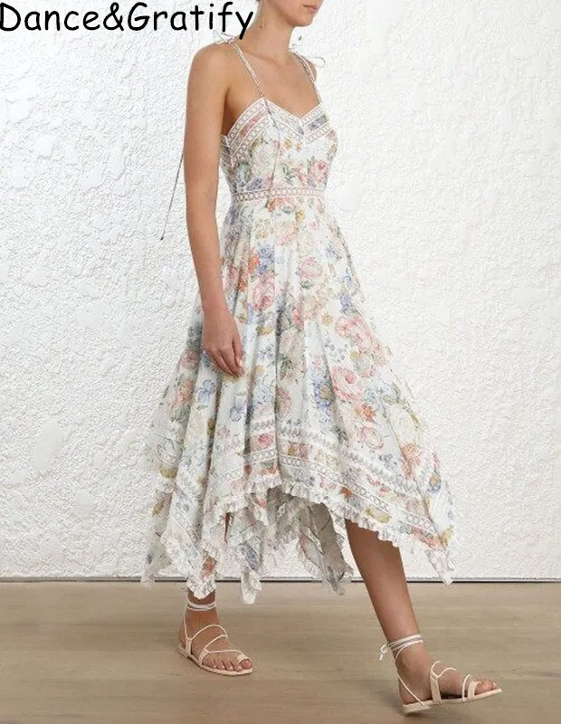 

Luxury Brand 2019 High Quality Women Sexy Spaghetti Strap Chic Asymmetrical Dress Lady Embroidery Flowers Boho Holiday Vestidos