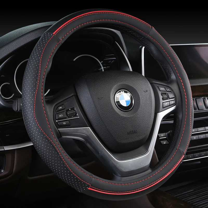 

KKYSYELVA Universal Car Steering Wheel Cover Leather Comfort Breathable Auto Steering Covers Car Interior Accessories Black Red