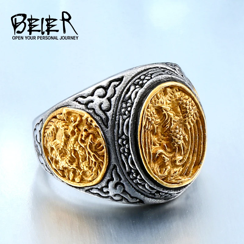 

BEIER New arrive alibaba-express stainless steel gold colour fashion phoenix ring carving jewelry for man Unique JewelryBR8-470