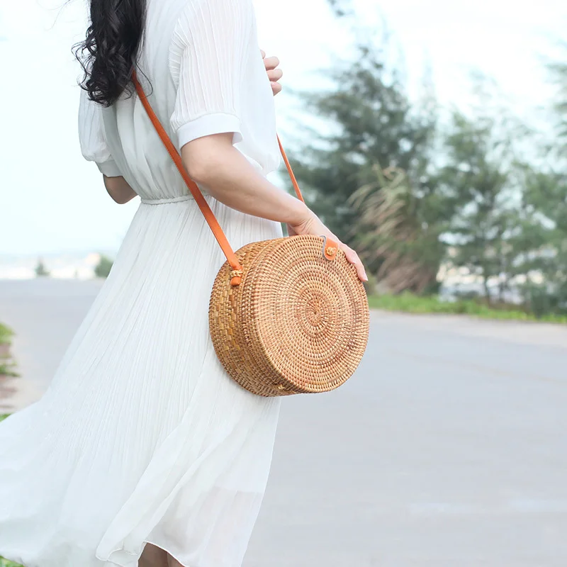 متعددة الأغراض ماكياج الروطان جولة Crossbody حقيبة مع قابل للتعديل حقيقية حزام بوهو النساء تخزين أكياس منظم توتو