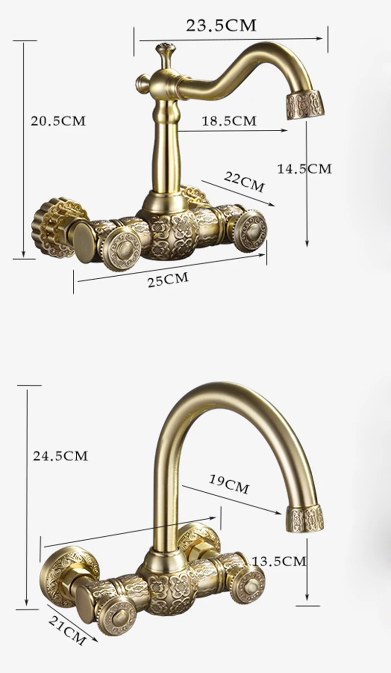Смесители для умывальника античная латунь Ванная комната Кухня кран поворотный настенный двойной ручка горячей и холодной Винтаж вырезка смесители