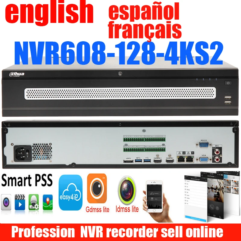 Новый dahua Английский Французский Испанский NVR608 128 4KS2 128ch NVR сетевой рекордер H.265 до