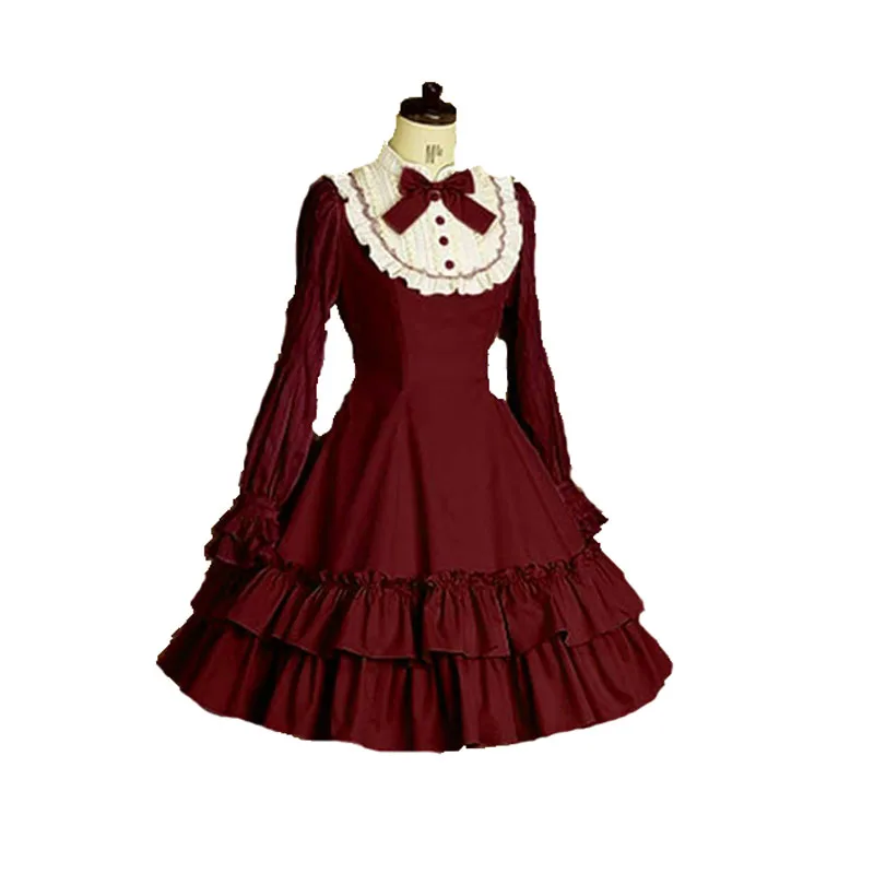 Милое винтажное тонкое Хлопковое платье в стиле Лолиты для девочек; классический костюм Mary Magdalene для женщин с бантом и оборками; мини-костюм принцессы для женщин - Цвет: Full Claret
