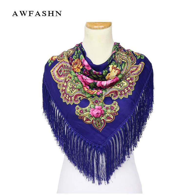 

2018 Luxury Brand for Woman Print Scarf Russian Ethnic Style Cotton High Quality Shawl Flower Pattern Tassel Winter Warm Square