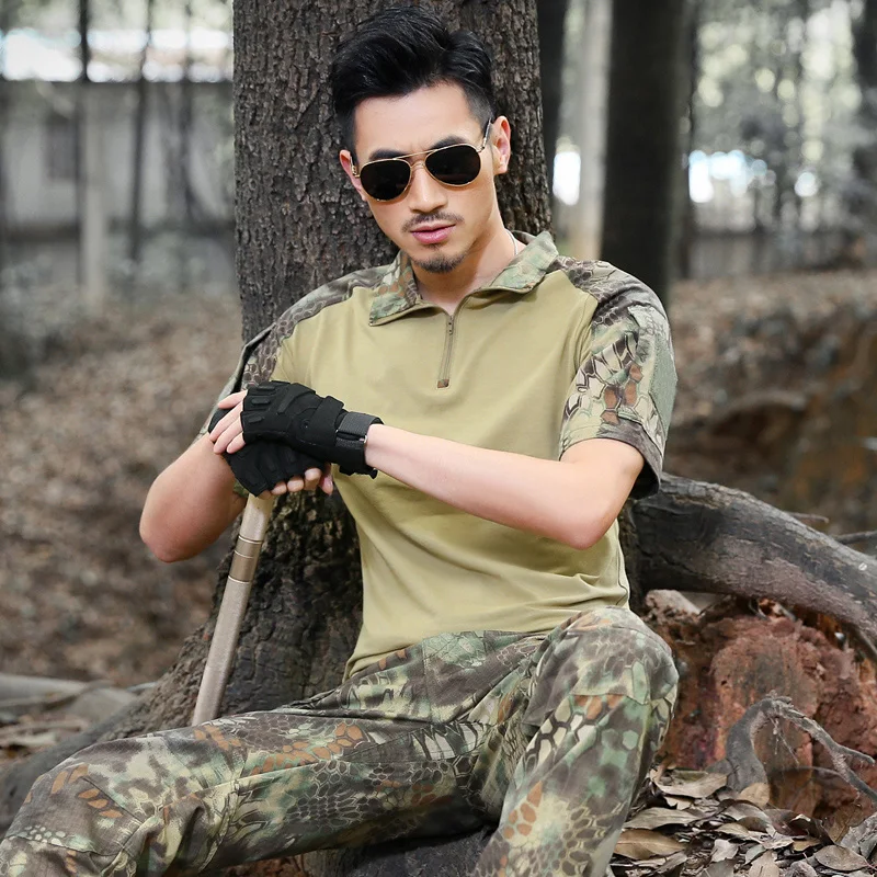 T-shirt de combat à manches longues pour homme - T-shirt militaire tactique - Chemise de camouflage - Pour l'airsoft, le paintball, la randonnée, le camping, le paintball, l'airsoft, l'uniforme