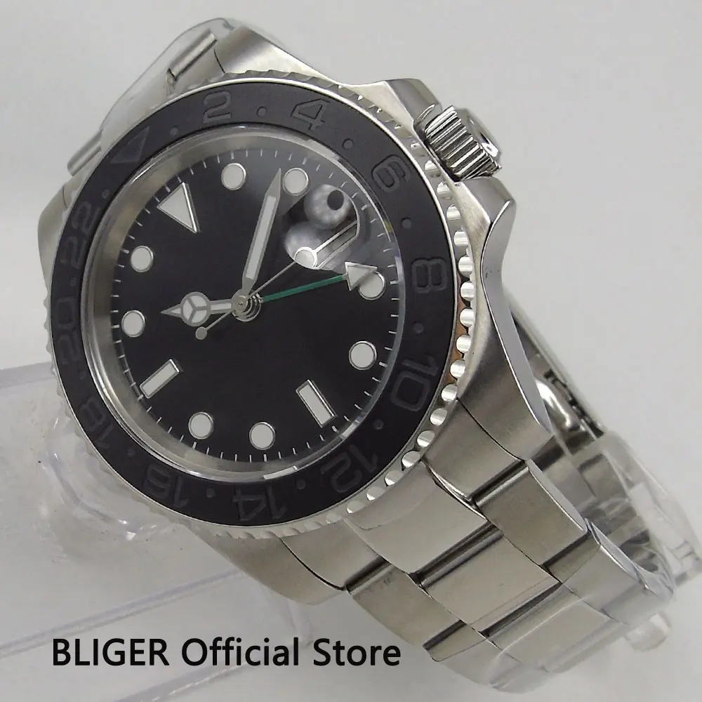 

Sapphire Crystal 40mm Black Sterile Dial Ceramic Bezel GMT Function Luminous Marks Date Magnifier Automatic Movement Men's Watch