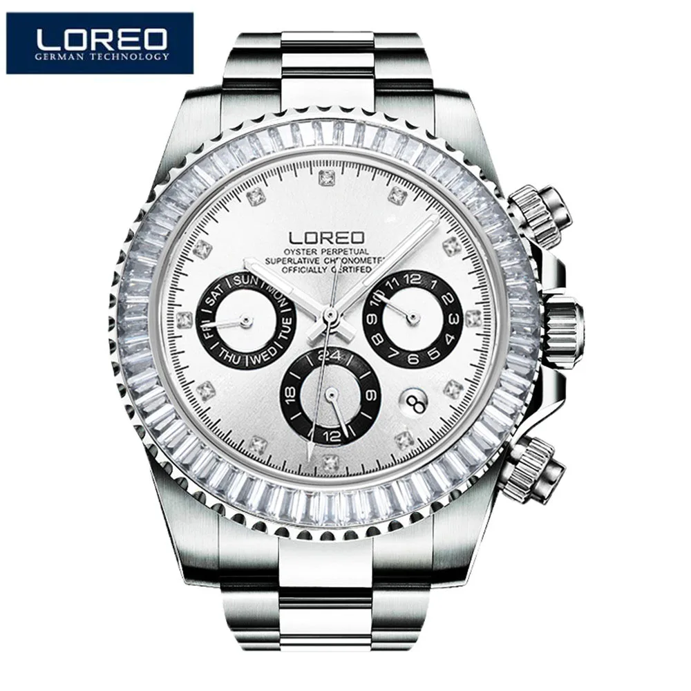 Сапфир loreo Кристалл водонепроницаемый 50 м часы человек стальной ремешок мужские часы автоматические часы модные механические мужские часы - Цвет: Белый