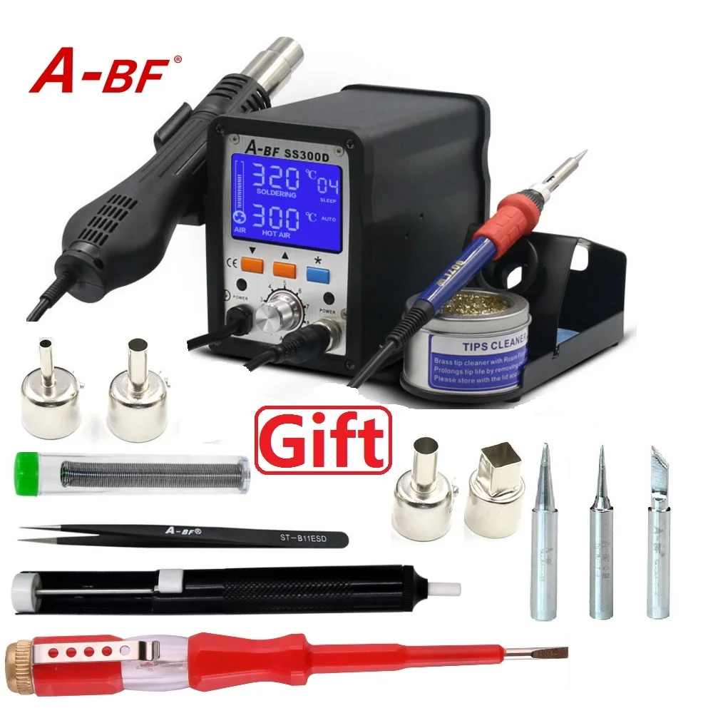 

A-BF 2 in 1 Rework Station LCD Digital Display New Design Soldering Station Hot Air Gun with tip cleaner wires 4 nozzles SS300D