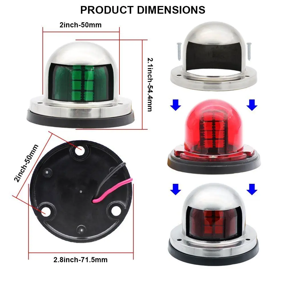 ONE Pair 12V Polished Stainless Steel LED Bow Navigation Lights Red /& Green