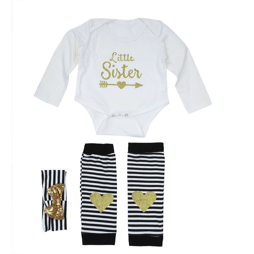 

New Baby Girls Long Sleeve Letters Printed White Romper Jumpsuit + Striped Socks + Bowknot Headband 3Pcs Clothes Outfit Set