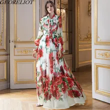 

GEORELIOT Runway Floral Long Dress 2019 New Spring Fashion Women Flare Sleeve Vintage Boho Beach Maxi Dress Vestidos De Festa
