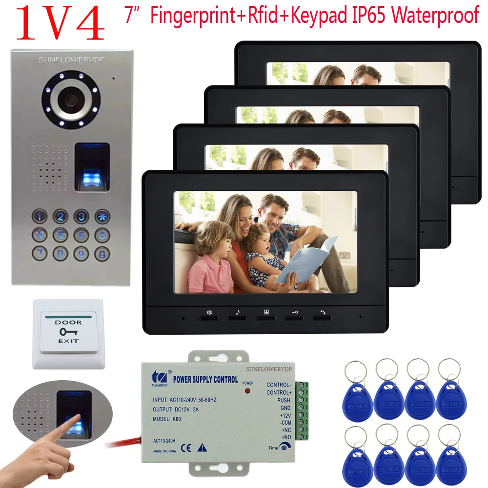 

4 Apartments Video Intercom With A Fingerprint IP65 Waterproof Video Door Phone Color 7" Monitors Doorbell And Door Camera Home
