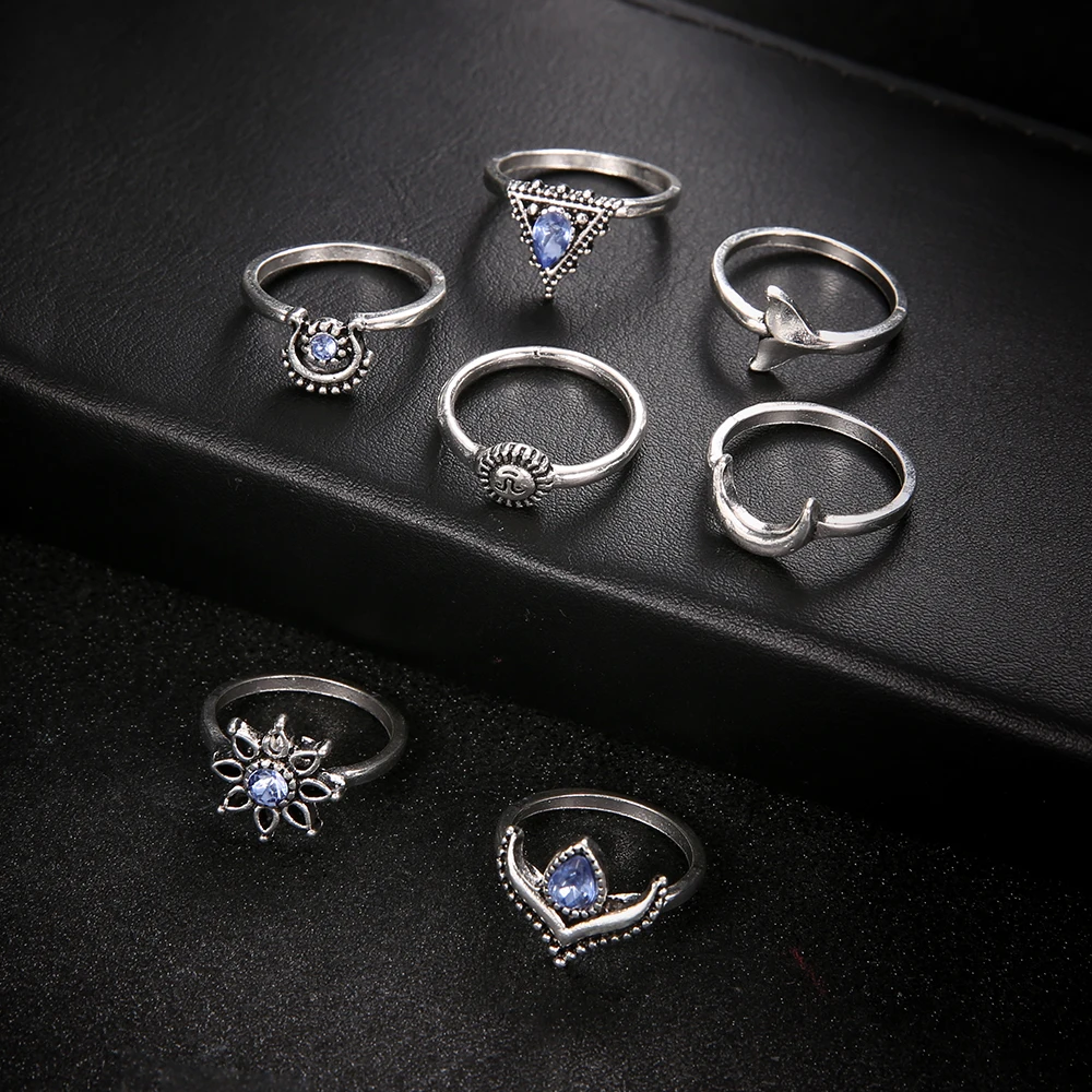 5 PCS/Set Bohemia Sun Moon Lotus Crown Rings Sets Flower Mermaid RhineStone Antique Silver Knuckle Rings for Women Jewelry