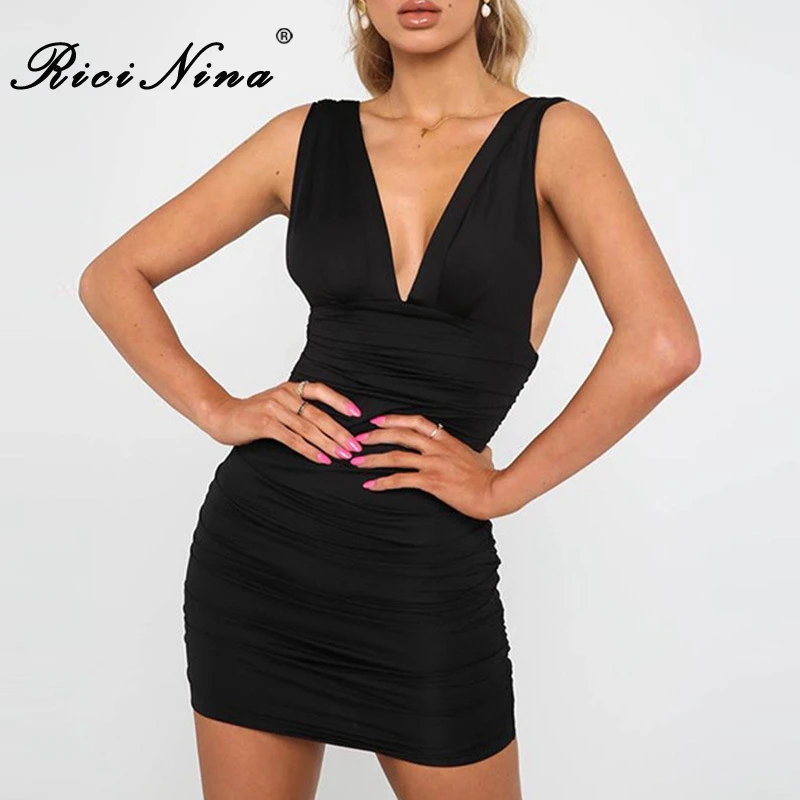 RICININA Fashion Women Dresses Woman Deep V Neck Sleeveless Backless Solid Mini Pencil Dress Ladies Casual Short Party Dresses RICININA Fashion Women Dresses Woman Deep V Neck Sleeveless Backless Solid Mini Pencil Dress Ladies Casual Short Party Dresses