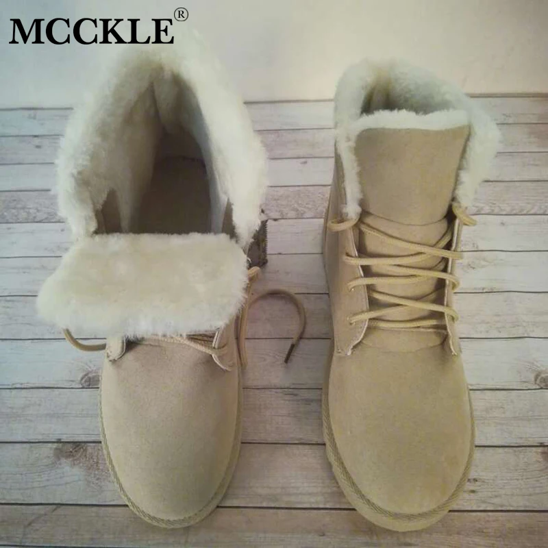 

MCCKLE Plus Size Casual Platform Flat Women Plush Snow Boots Female Suede Lace Up Warm Fur Ankle Boots Winter Leisure Shoes