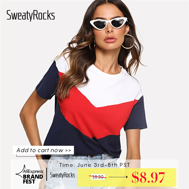 

SweatyRocks Cut and Sew Tee Multicolor Short Sleeve Round Neck Patchwork Casual Tops Women Summer Athleisure Colorblock T-shirt