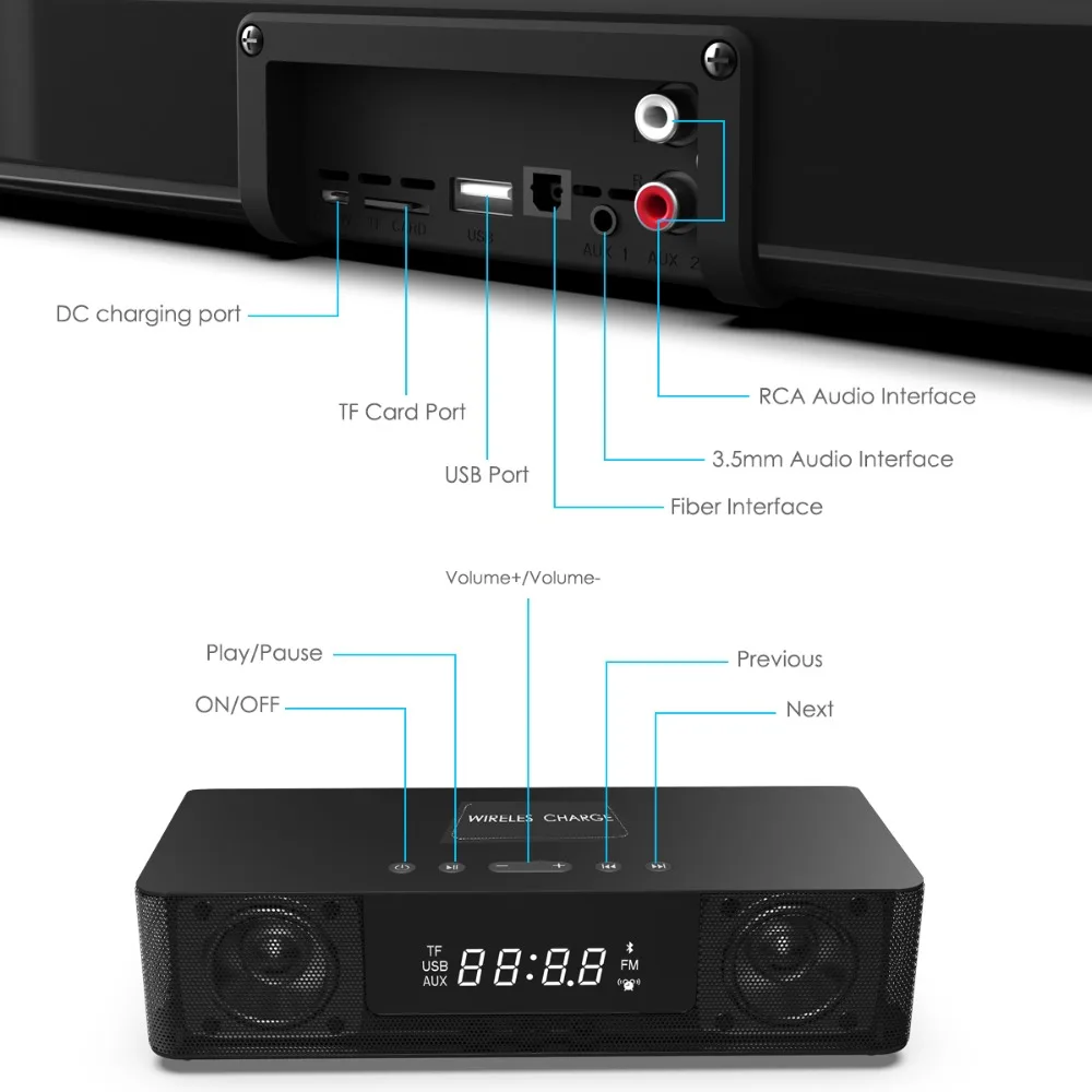 Wireless Bluetooth Column Soundbar Stereo Speaker Powerful TV Home Theater 4.0A Battery Sound Bar TF U-Disk Clock With Display
