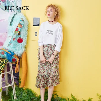 

ELFSACK 2019 Summer Woman 2 Pieces Set Cotton O-Neck Letter Print Women Tshirt And Elastic Waist Chiffon Ladies Skrits