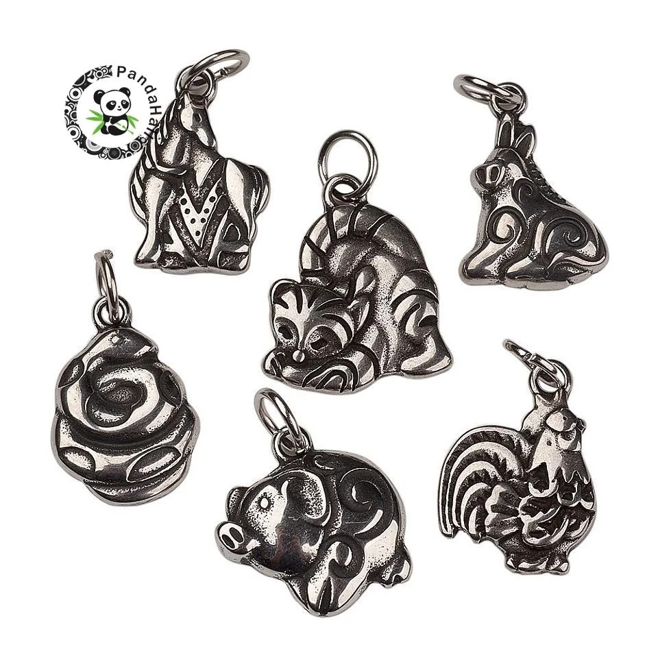 

Pandahall 6pcs/set 316 Stainless Steel Pendants, Mixed Shaped, Animal, Antique Silver, 23~27x13.5~18x2~3.5mm, Hole: 5mm