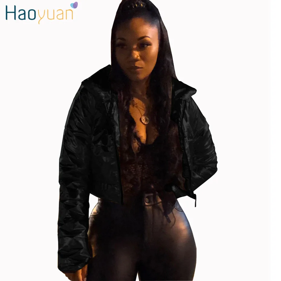 HAOYUAN PU Leather Winter Jacket Women Warm Clothes Slim Parka Zip Puffer Padded Jacket Outerwear Long Sleeve Tops Bubble Coat