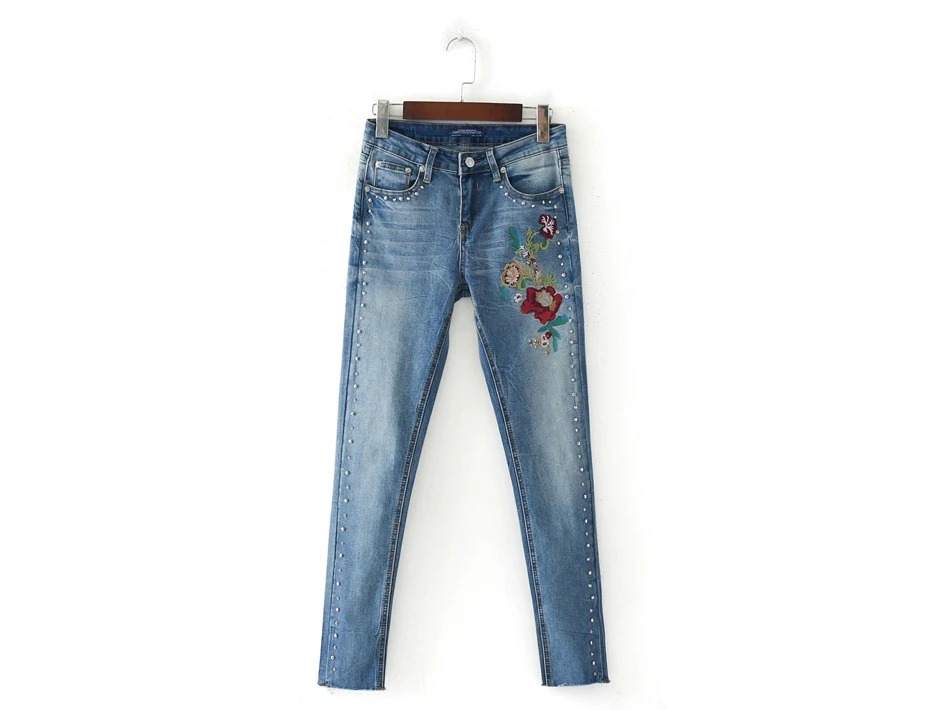 Женские джинсы с вышивкой, высокая талия, тонкие, обтягивающие, эластичные, тянущиеся, узкие, длинные брюки, брюки до щиколотки, перламутровые, отбеленные, базовые, Капри, джинсы - Цвет: Синий