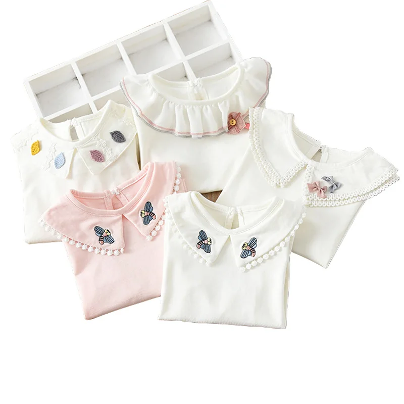 Базовая Блузка для девочек хлопковая одежда для детей футболка с длинными рукавами для девочек милые топы с отложным воротником, детская Базовая рубашка футболки, BC559