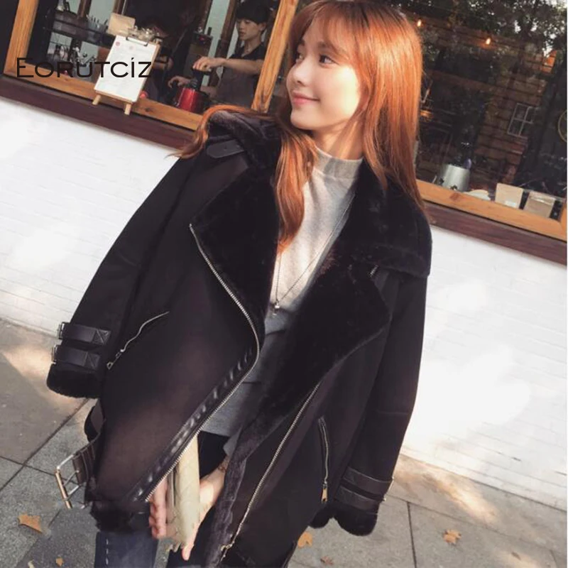 EORUTCIZ зимняя замшевая куртка для женщин вельветовое пальто длинный толстый теплый флис Винтаж негабаритных осень черная верхняя одежда LM095