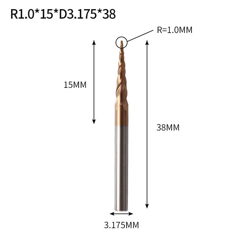 R1X15XD3.175X38L Augusttools ЧПУ со скошенным шариковым наконечником Концевая мельница коническая фреза HRC60 карбид вольфрама коническая Концевая мельница древесины металла фрезерование - Длина режущей кромки: R1X15XD3.175X38L