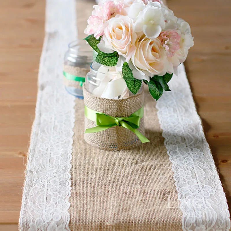 

1 set Elegant Jute Table Runner Burlap Lace Table Cloth Wedding Party Decoration Tablecloth Table Flags Dining Table Decor