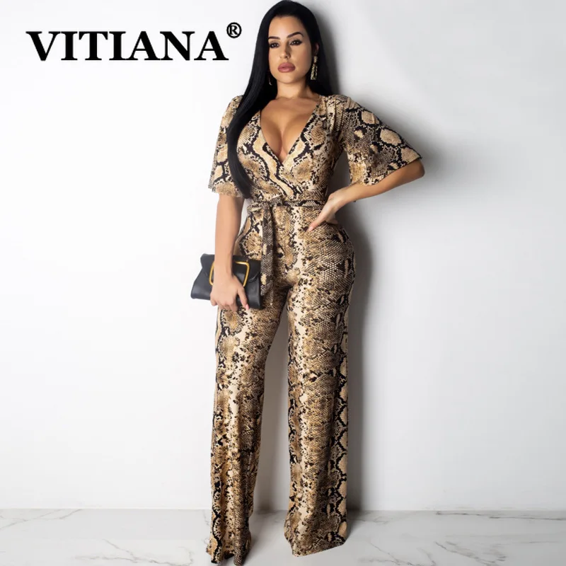 

VITIANA Women Sexy Jumpsuit Summer 2019 Summer Short Sleeve Deep V-Neck Casual Serpentine Jumpsuits Ladies Fashion Party Romper
